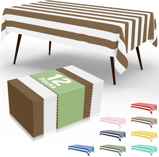 misaya 12 Packs Striped Disposable Table Cloth, 54 x 108 Inch Waterproof Rectangle Tablecloth, Leakproof & Sturdy Decorative Table Covers for Picnic, Party and Outdoor, Brown and White
