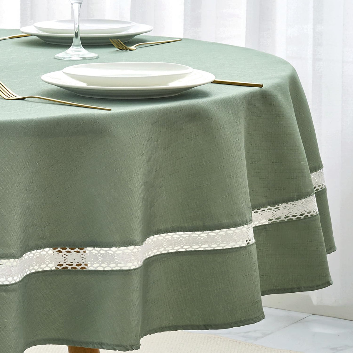 EHouseHome Heavy Duty Fabric Tablecloth with White Lace-Waterproof/Wrinkle Free/Stain Resistant/Oil Proof-for Dining,Indoor&Outdoor,Wedding,Holiday,White,Rectangle 60x120Inch