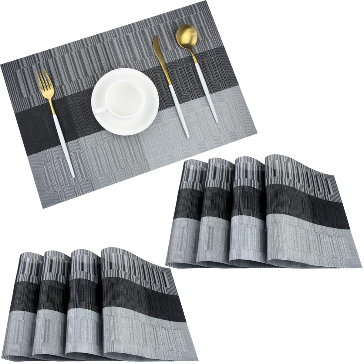PIGCHCY Placemats,Washable Vinyl Woven Table Mats,Elegant Durable Placemats for Dining Table Set of 4 (18 x 12 inches, Pure Black)