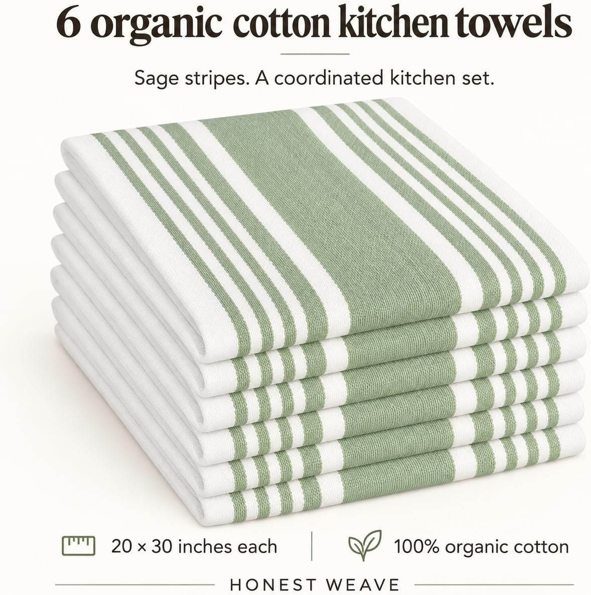 HONEST WEAVE Organic Cotton Kitchen Towels, Sage Stripe, 6-Pack, 20x30 in