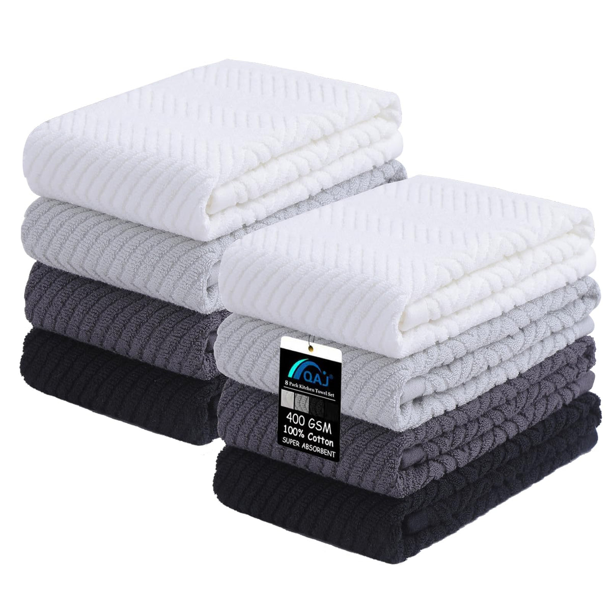 100% Cotton Kitchen Towels and Dishcloths Set, Pack of 8 Super Absorbent 16" x 25" Kitchen Towels and 13" x 13" Dish Cloths (400 GSM)