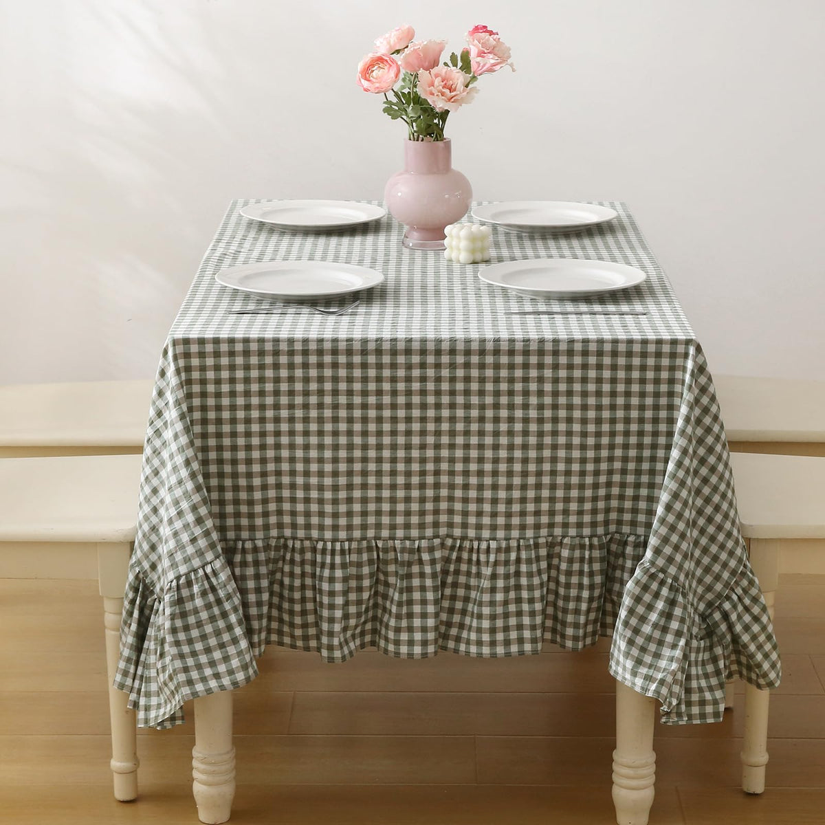 Taupe White Gingham Ruffled Tablecloth 120"x60"