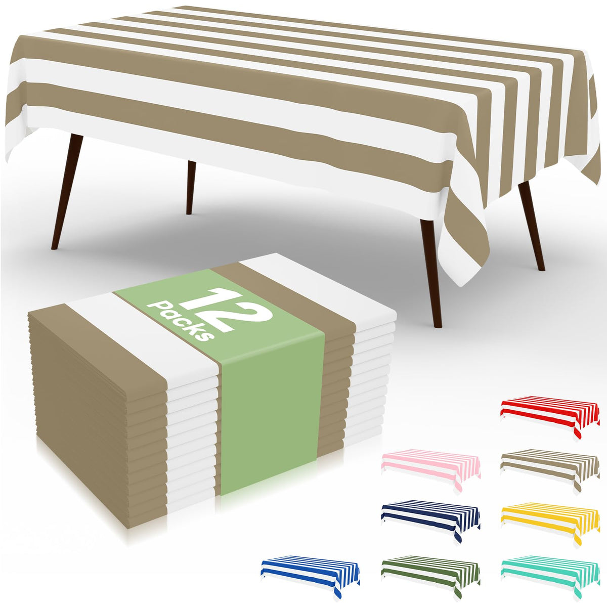 misaya 12 Packs Striped Disposable Table Cloth, 54 x 108 Inch Waterproof Rectangle Tablecloth, Leakproof & Sturdy Decorative Table Covers for Picnic, Party and Outdoor, Brown and White