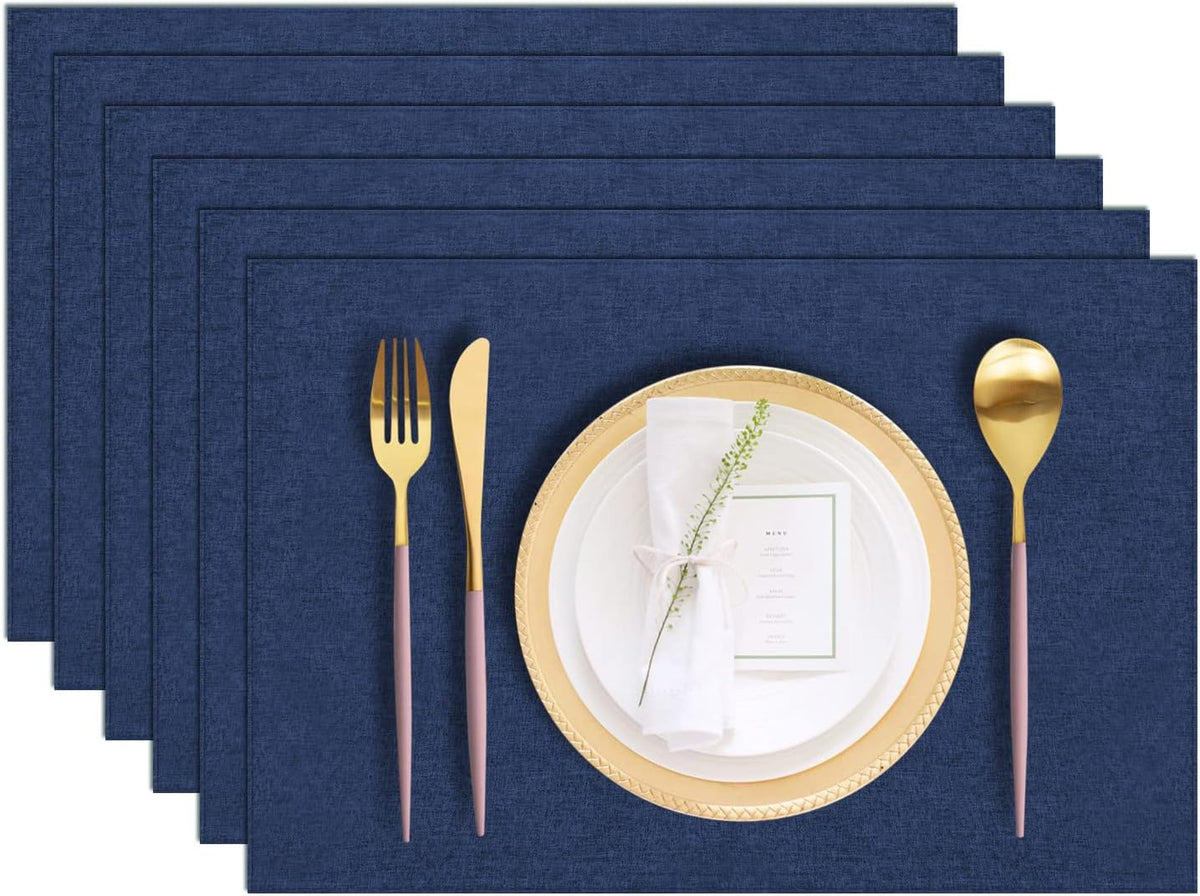 Cloth Placemats Set of 6, Cotton Linen Blend Machine Washable Durable Linen Table Mats, Heat Resistant Placemats Wrinkle Free Place Mats for Dining Table, Easy to Clean (Navy Blue, 6)