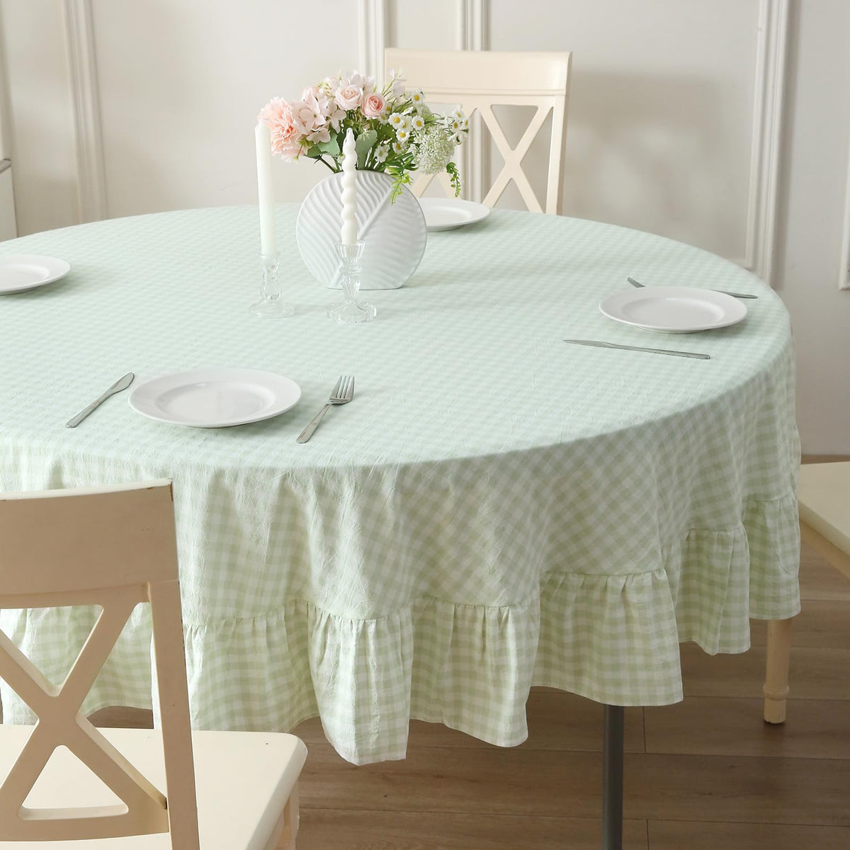 Taupe White Gingham Ruffled Tablecloth 120"x60"