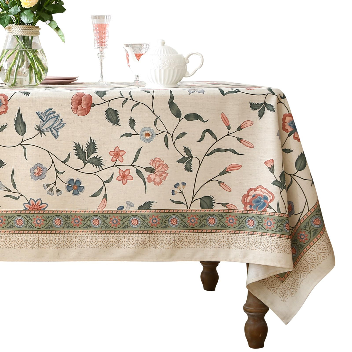 ISAENNE Designer Linen Rectangular Long Tablecloth,118"x67"-Serenity G