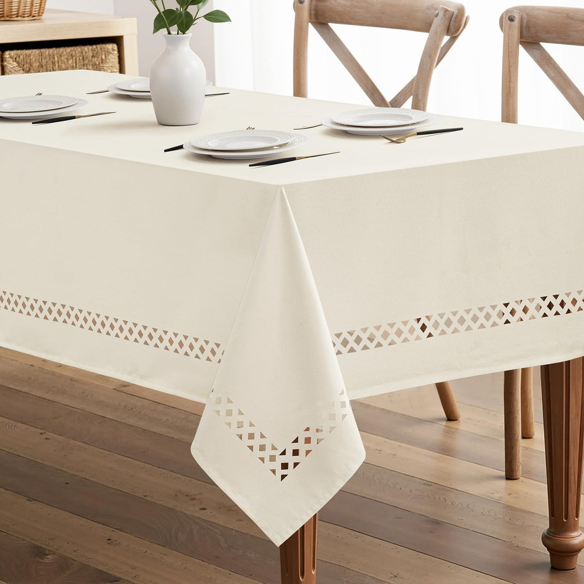 MIULEE Beige Rectangle Tablecloth with Decorative Cutouts 60x84 Inch