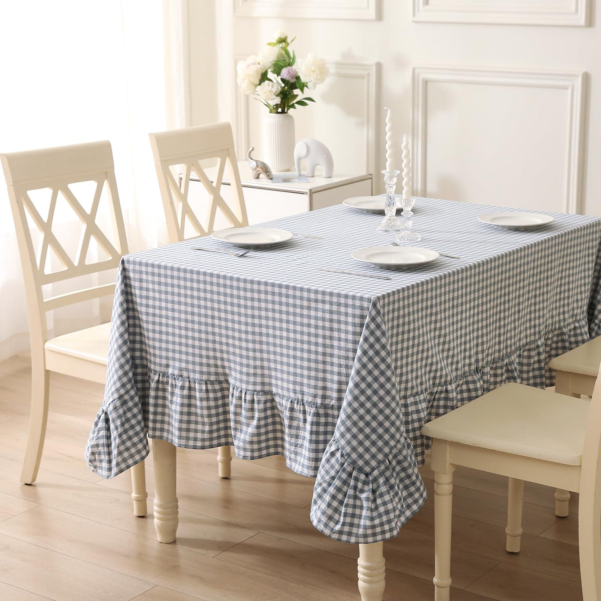 Taupe White Gingham Ruffled Tablecloth 120"x60"