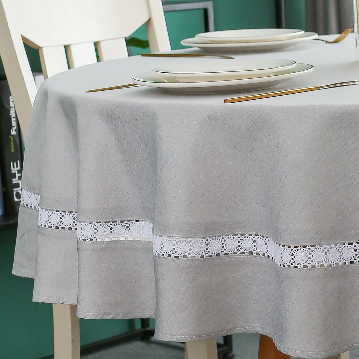 EHouseHome Heavy Duty Fabric Tablecloth with White Lace-Waterproof/Wrinkle Free/Stain Resistant/Oil Proof-for Dining,Indoor&Outdoor,Wedding,Holiday,White,Rectangle 60x120Inch