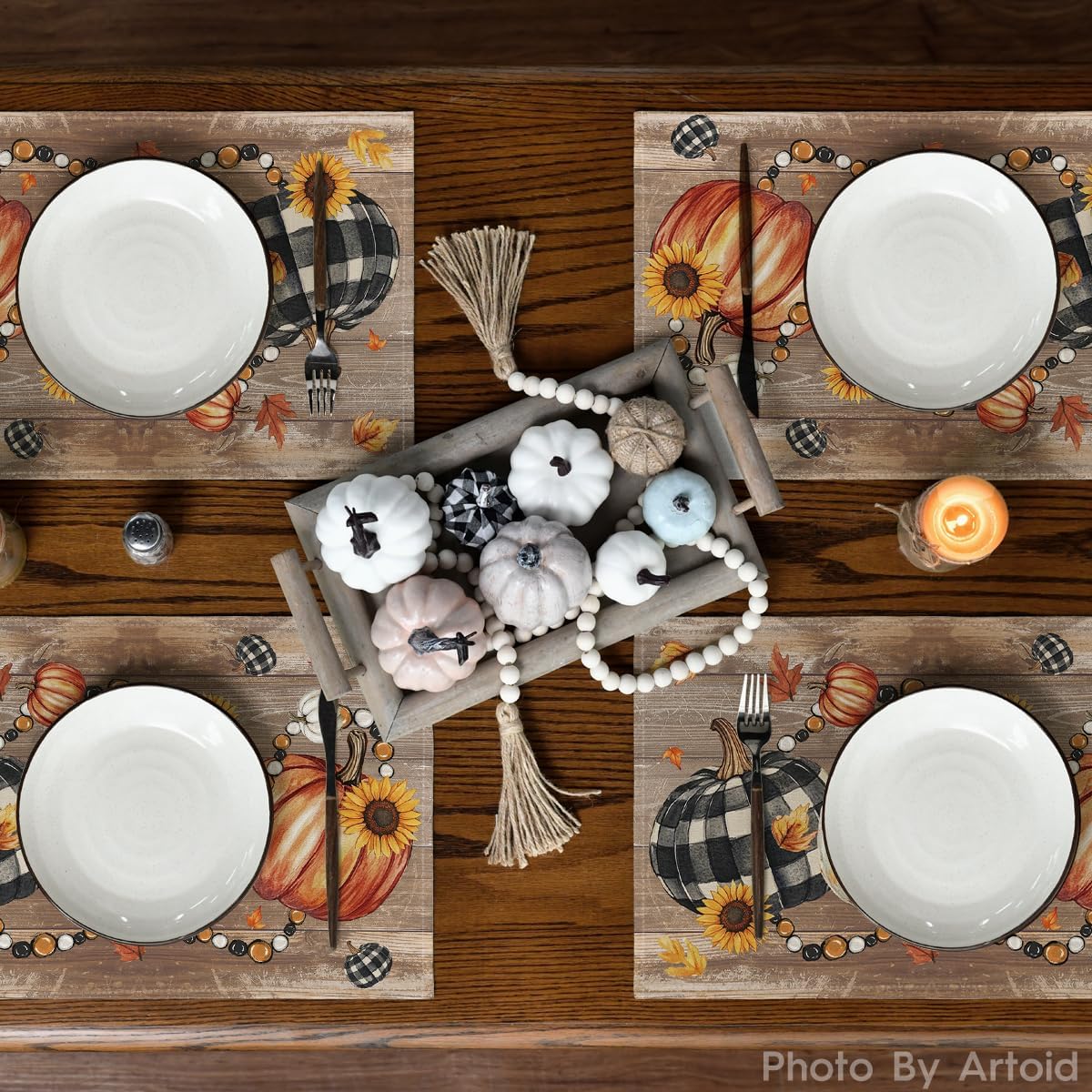 Artoid Mode Wood Pumpkins Sunflowers Fall Placemats Set of 4-12 x 18 Inch