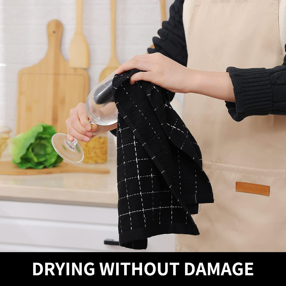 Homaxy 100% Cotton Terry Kitchen Towels, 4 Pack, Black