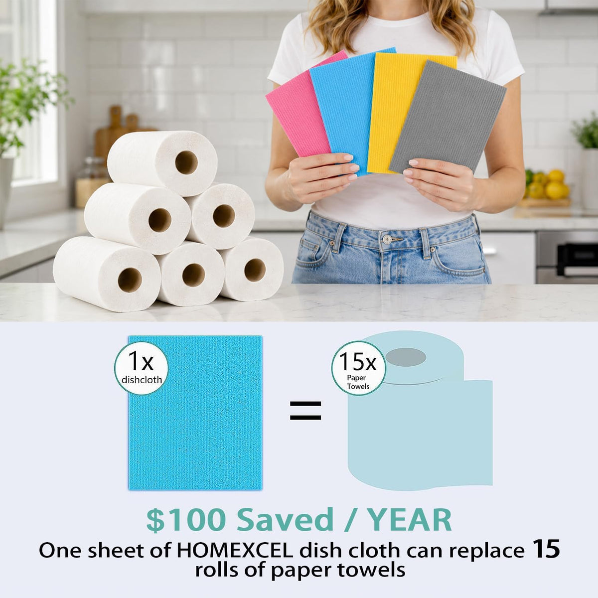 HOMEXCEL 10PK Swedish Dishcloths for Kitchen, Absorbent Dish Cloths, 7x6in