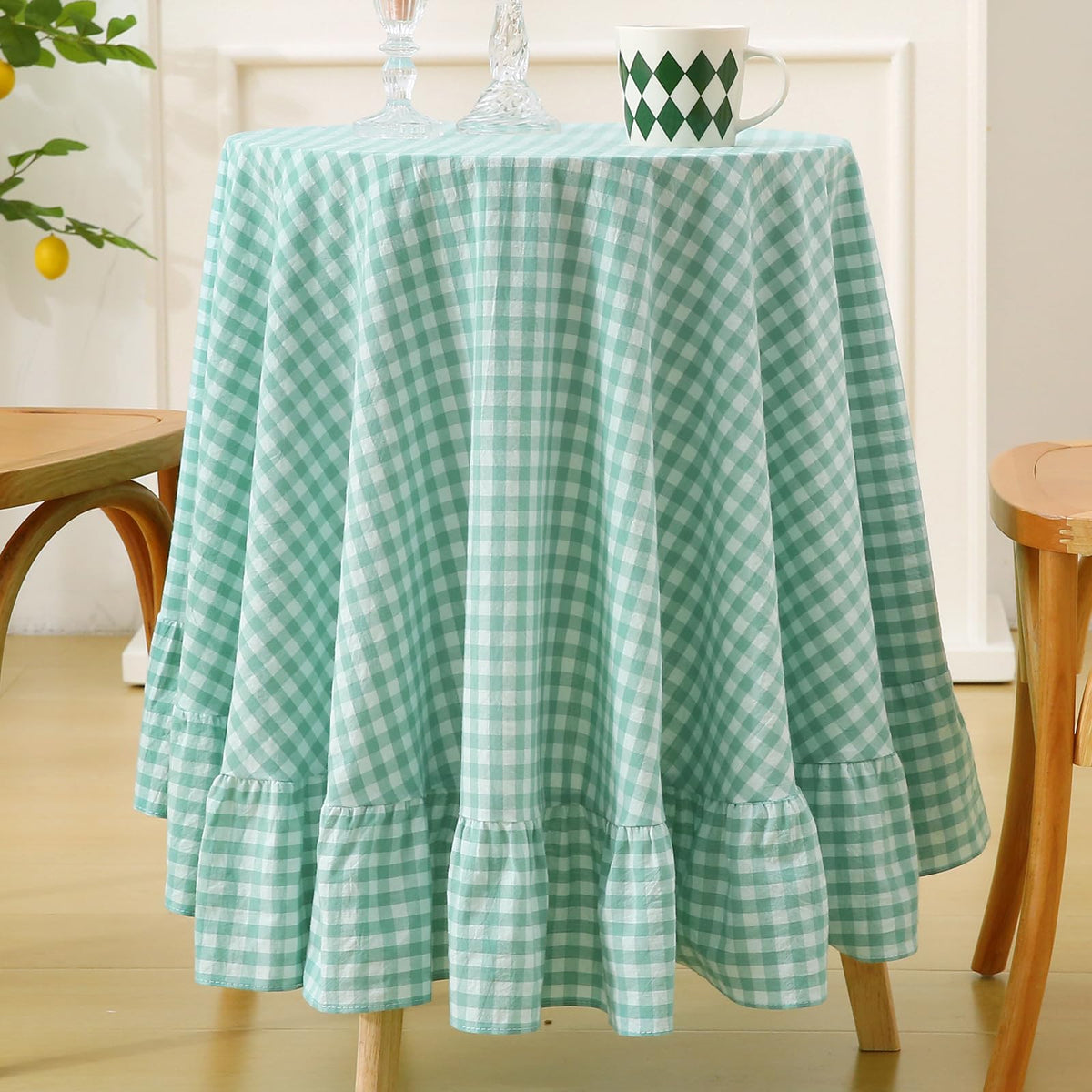 Taupe White Gingham Ruffled Tablecloth 120"x60"
