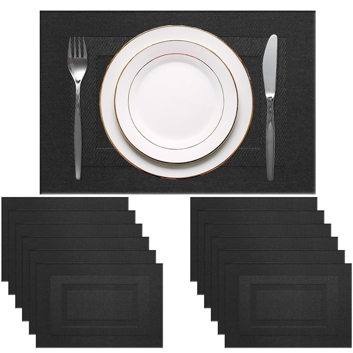 PIGCHCY Placemats,Washable Vinyl Woven Table Mats,Elegant Durable Placemats for Dining Table Set of 4 (18 x 12 inches, Pure Black)