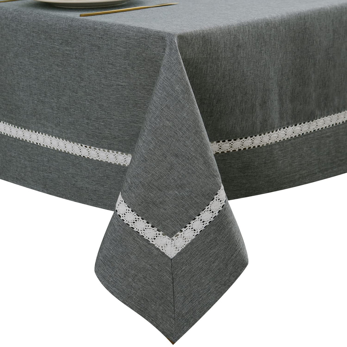 EHouseHome Heavy Duty Fabric Tablecloth with White Lace-Waterproof/Wrinkle Free/Stain Resistant/Oil Proof-for Dining,Indoor&Outdoor,Wedding,Holiday,White,Rectangle 60x120Inch