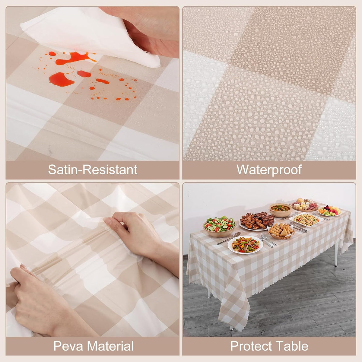 3Pack Light Khaki Gingham Tablecloths, Khaki and White Checkered Tablecloth