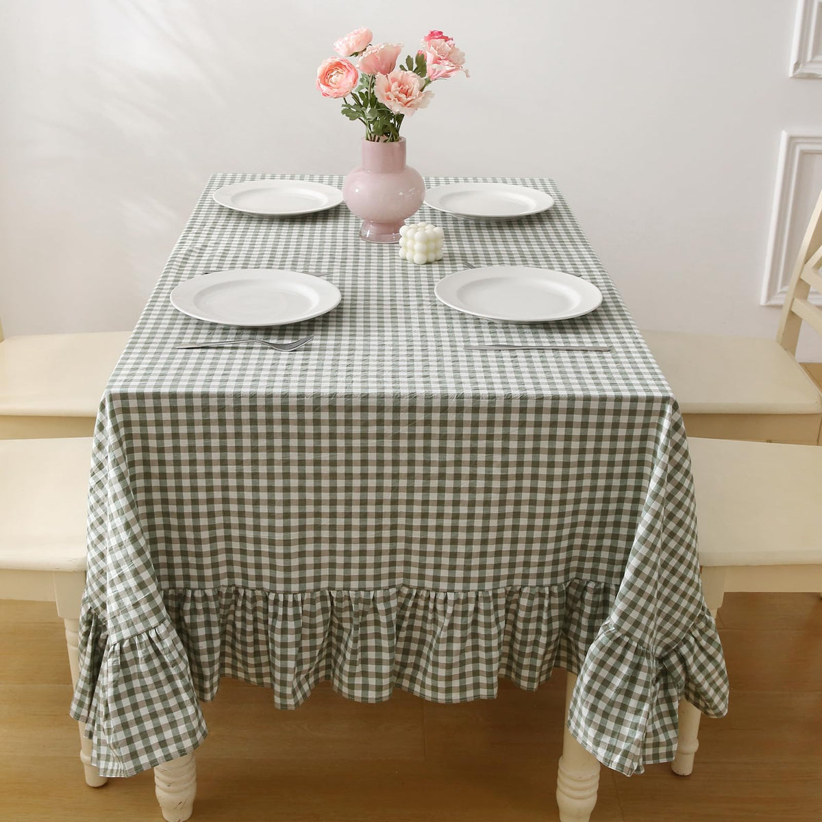 Taupe White Gingham Ruffled Tablecloth 120"x60"