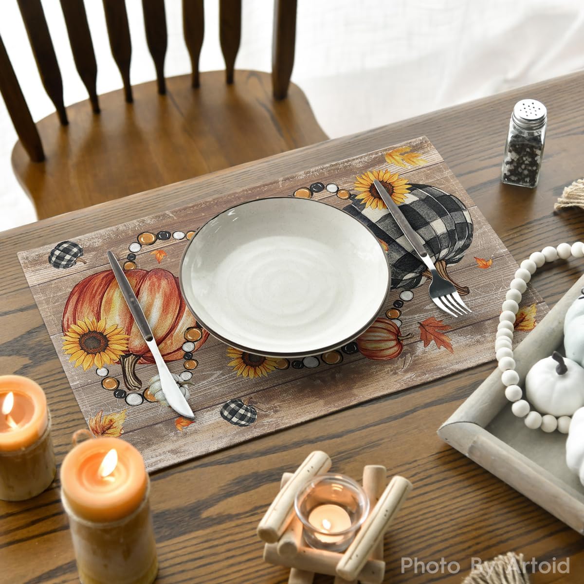 Artoid Mode Wood Pumpkins Sunflowers Fall Placemats Set of 4-12 x 18 Inch