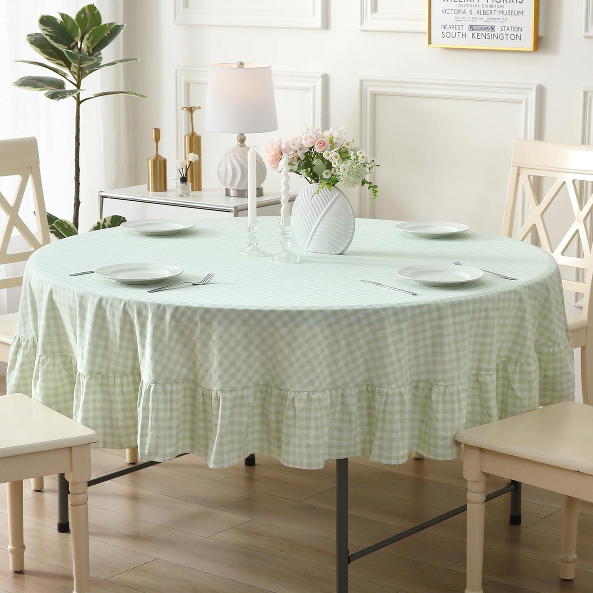 Taupe White Gingham Ruffled Tablecloth 120"x60"