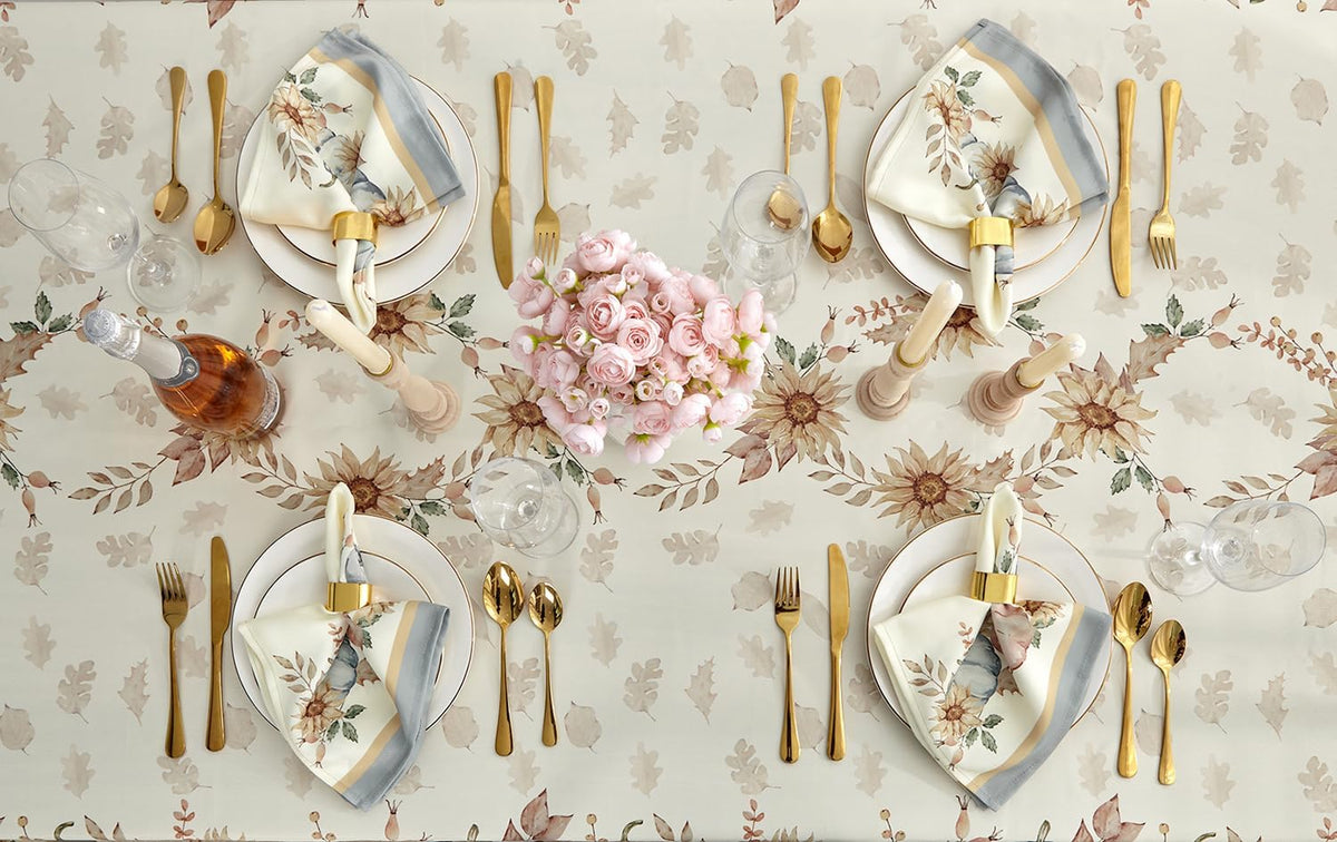 YiHomer Blue Pumpkin Bordered Thanksgiving Tabletop, Stonewashed Fall Pumpkin and Sunflower Cottage Print Easy Care Fabric, Farmhouse Harvest, Tablecloth, 52 x 52 Square