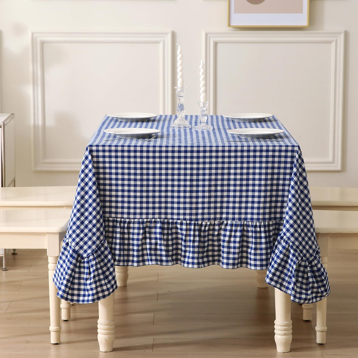 Taupe White Gingham Ruffled Tablecloth 120"x60"