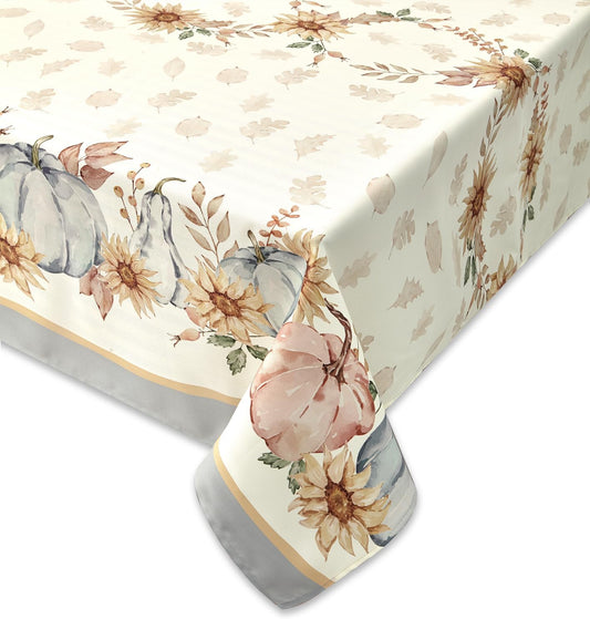 YiHomer Blue Pumpkin Bordered Thanksgiving Tabletop, Stonewashed Fall Pumpkin and Sunflower Cottage Print Easy Care Fabric, Farmhouse Harvest, Tablecloth, 52 x 52 Square