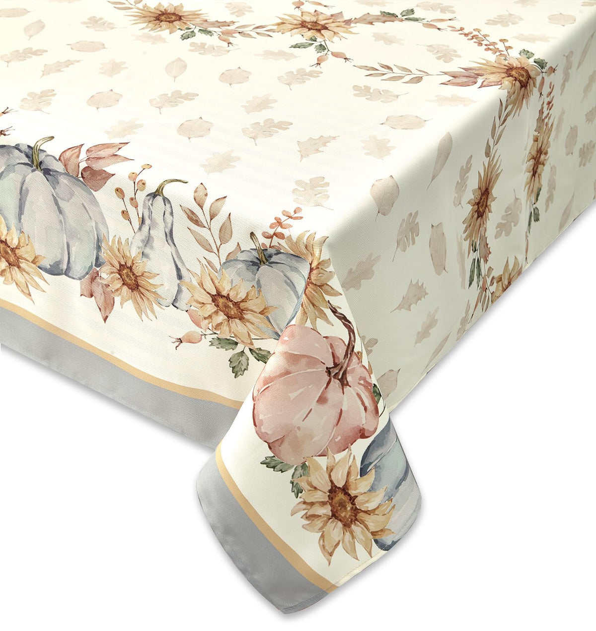 YiHomer Blue Pumpkin Bordered Thanksgiving Tabletop, Stonewashed Fall Pumpkin and Sunflower Cottage Print Easy Care Fabric, Farmhouse Harvest, Tablecloth, 52 x 52 Square