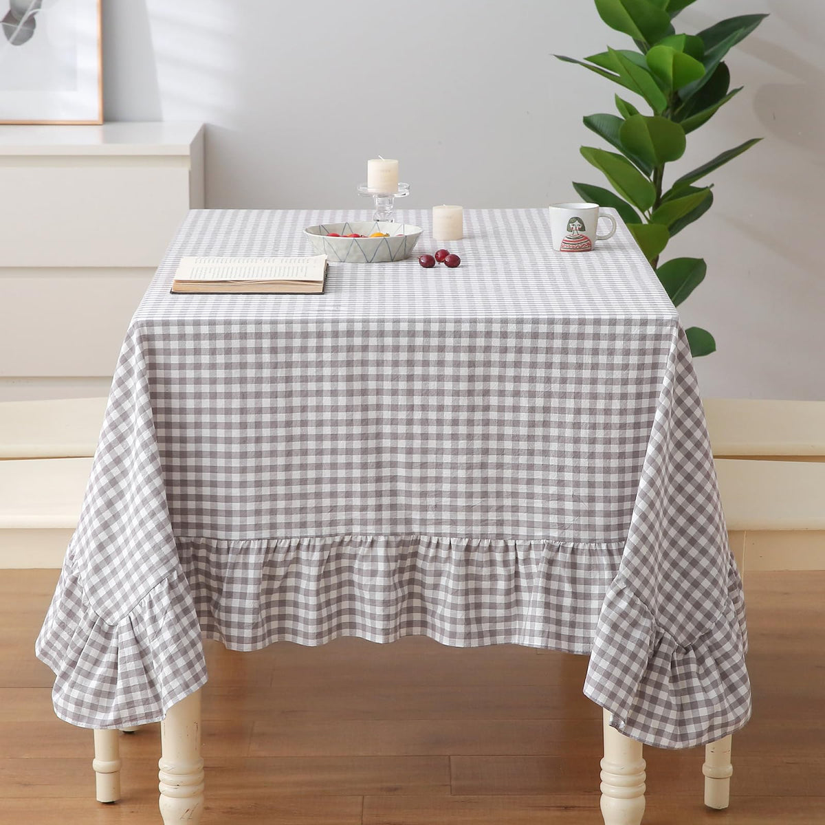 Taupe White Gingham Ruffled Tablecloth 120"x60"