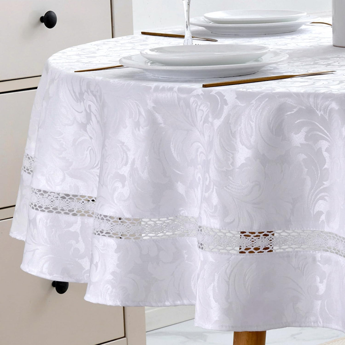 EHouseHome Heavy Duty Fabric Tablecloth with White Lace-Waterproof/Wrinkle Free/Stain Resistant/Oil Proof-for Dining,Indoor&Outdoor,Wedding,Holiday,White,Rectangle 60x120Inch