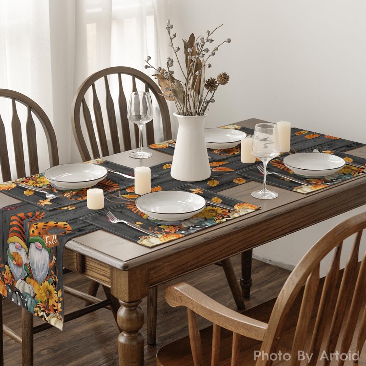 Artoid Mode Gnomes Pumpkins Fall Placemats Set of 4, 12x18 Inch Seasonal Autumn Thanksgiving Table Mats for Party Kitchen Dining Decoration
