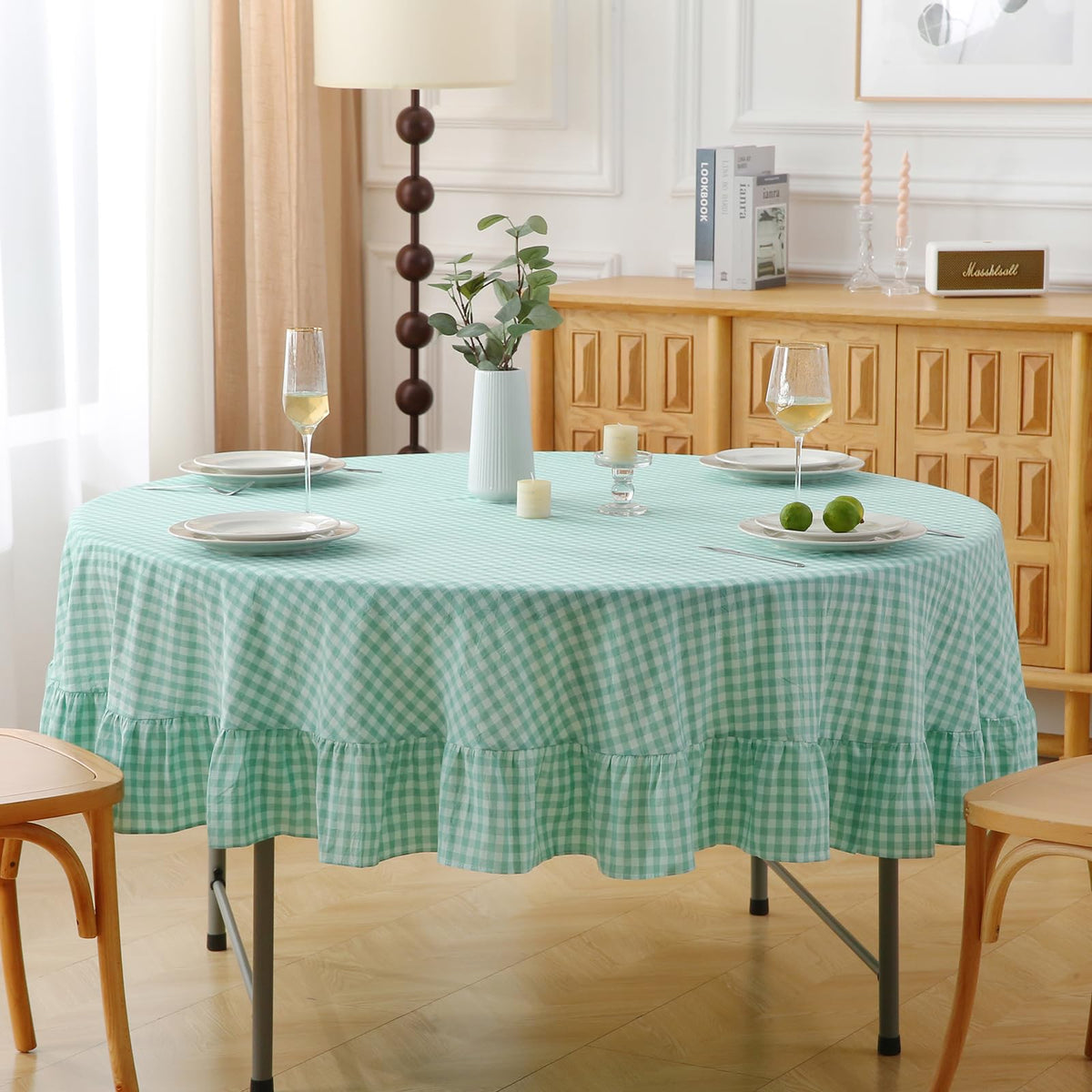 Taupe White Gingham Ruffled Tablecloth 120"x60"