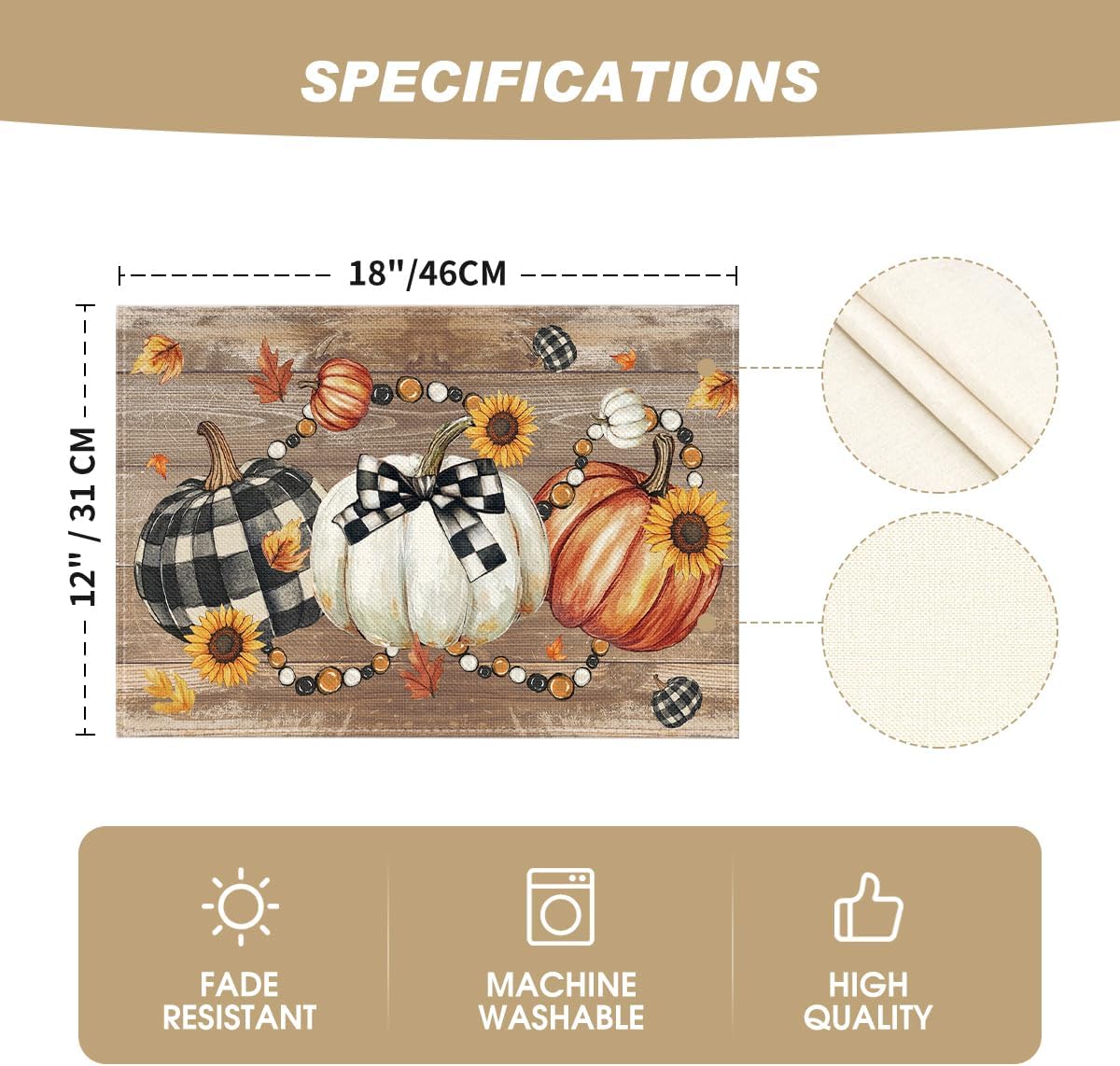Artoid Mode Wood Pumpkins Sunflowers Fall Placemats Set of 4-12 x 18 Inch