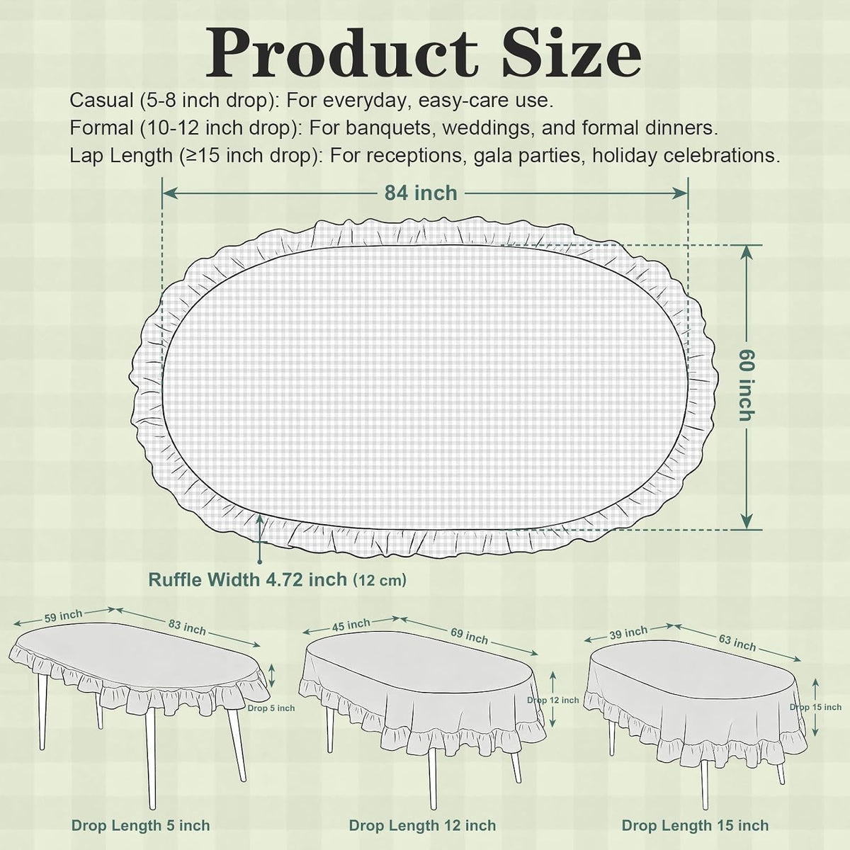 Wolkemer Black and White Gingham Ruffled Oval Tablecloth, 60x84 Inch