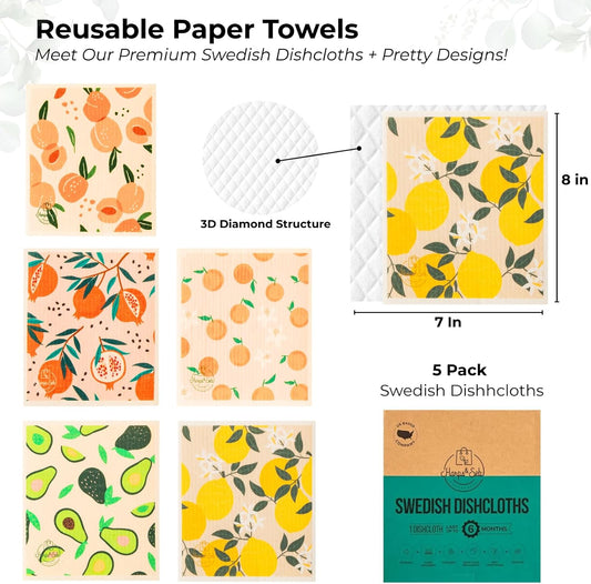 Harps&Seb Swedish Dishcloths for Kitchen Dish Towels - 5 Pack, Non-Scratch Reusable Paper Towels, Super Absorbent Washable Swedish Dish Cloths, No Odor, Biodegradable, Fruit Design