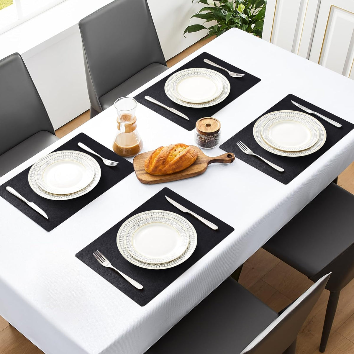 MOSAYT Vinyl Faux Leather Placemats, Set of 6, Black