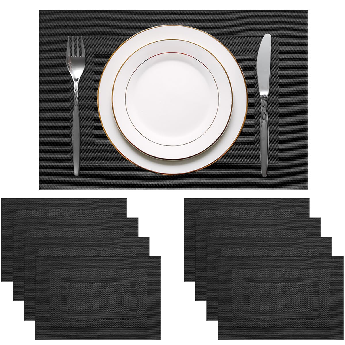 PIGCHCY Placemats,Washable Vinyl Woven Table Mats,Elegant Durable Placemats for Dining Table Set of 4 (18 x 12 inches, Pure Black)