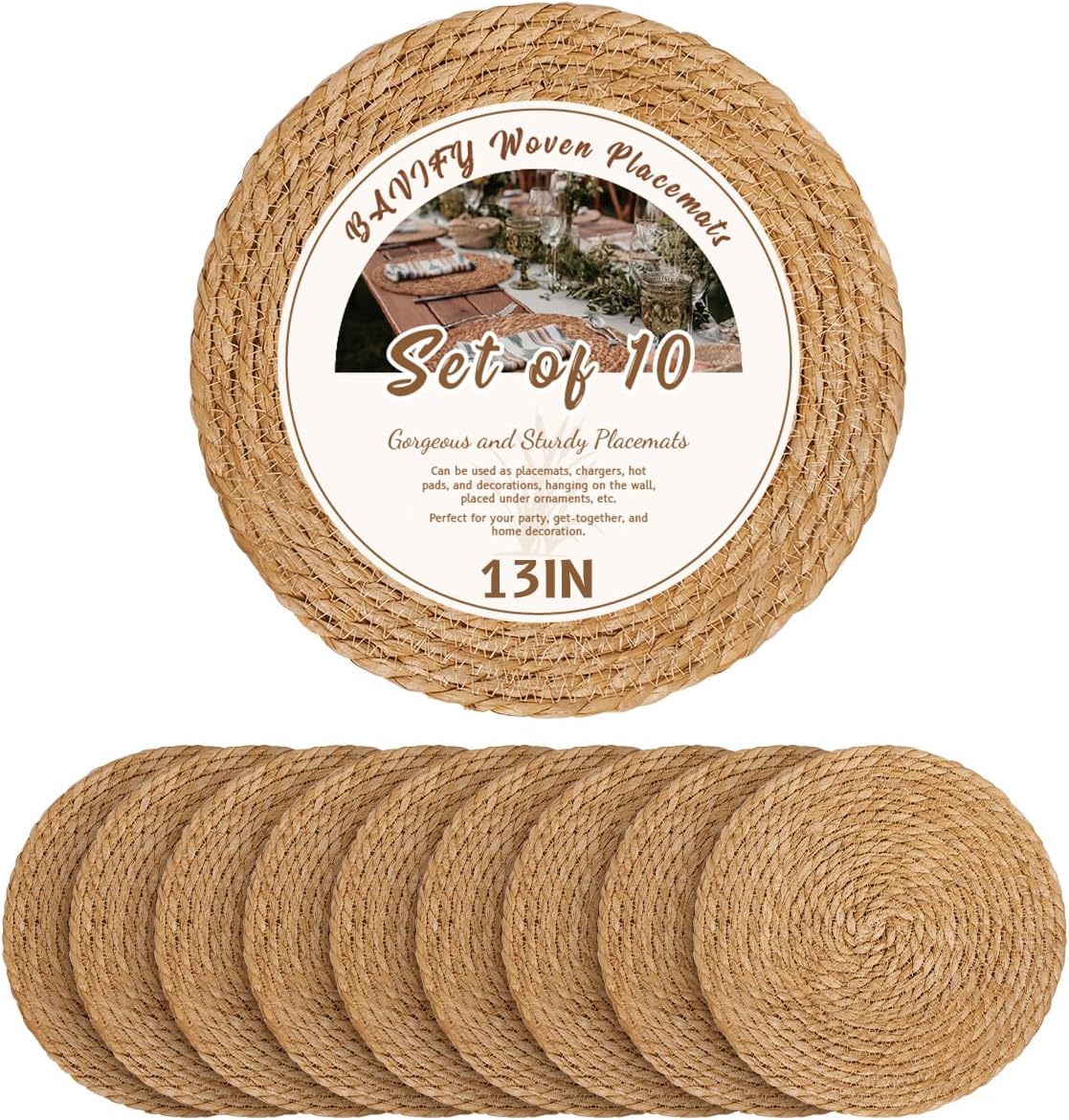 BAVIFY 13" Round Woven Placemats Set of 10, Plate Chargers for Dining Table