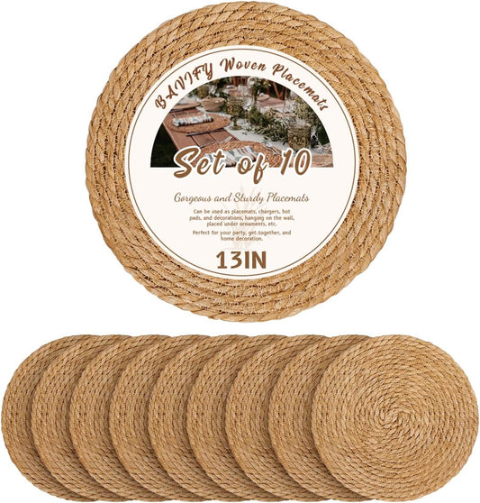 BAVIFY 13" Round Woven Placemats Set of 10, Plate Chargers for Dining Table
