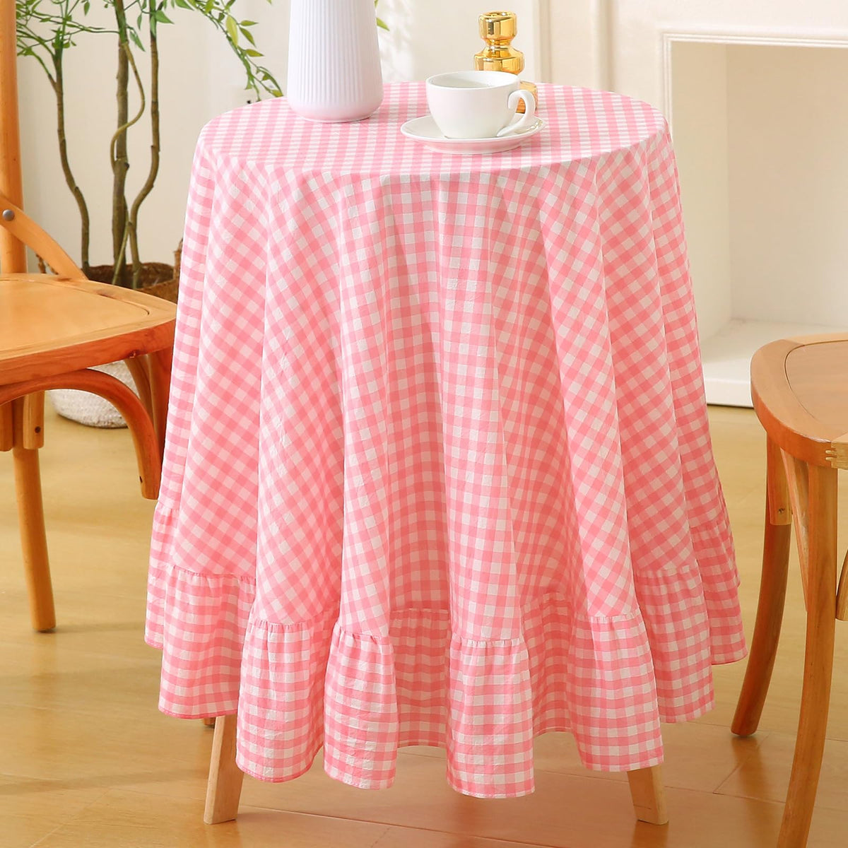 Taupe White Gingham Ruffled Tablecloth 120"x60"