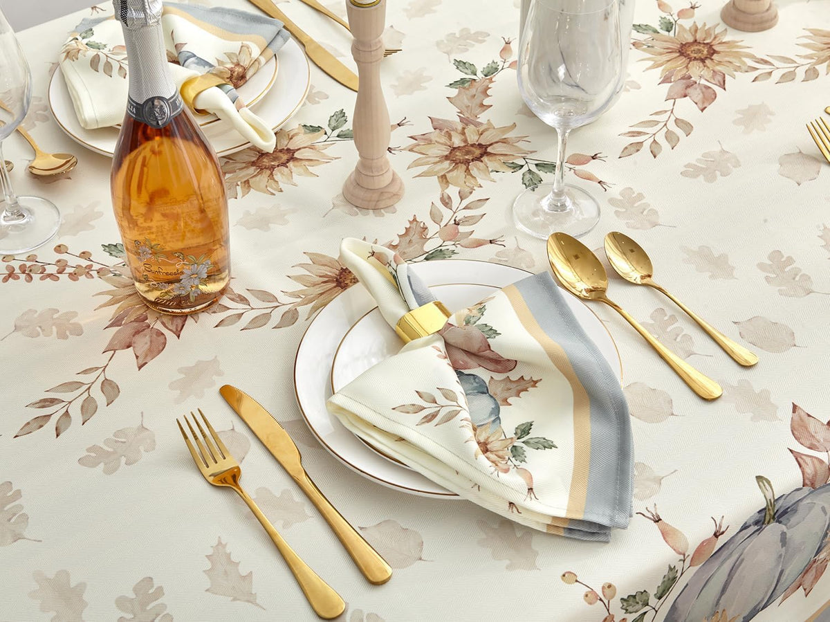 YiHomer Blue Pumpkin Bordered Thanksgiving Tabletop, Stonewashed Fall Pumpkin and Sunflower Cottage Print Easy Care Fabric, Farmhouse Harvest, Tablecloth, 52 x 52 Square