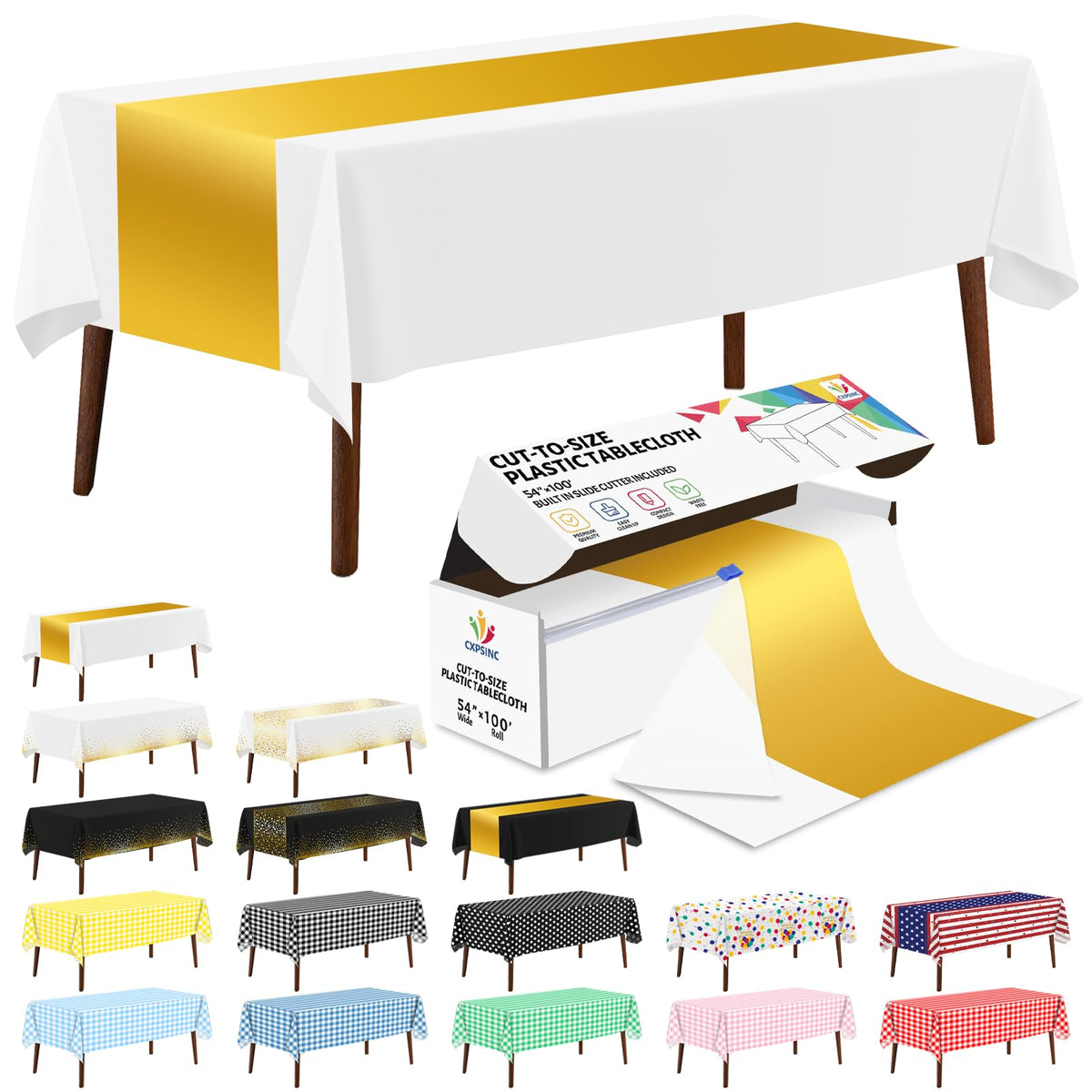 CXPSINC White Plastic Table Cloth Disposable Tablecloth Roll 54 Inch X 300 Feet Plastic Table Cover Roll with Slide Cutter for Picnics, Parties, Banquet, Birthdays, Weddings