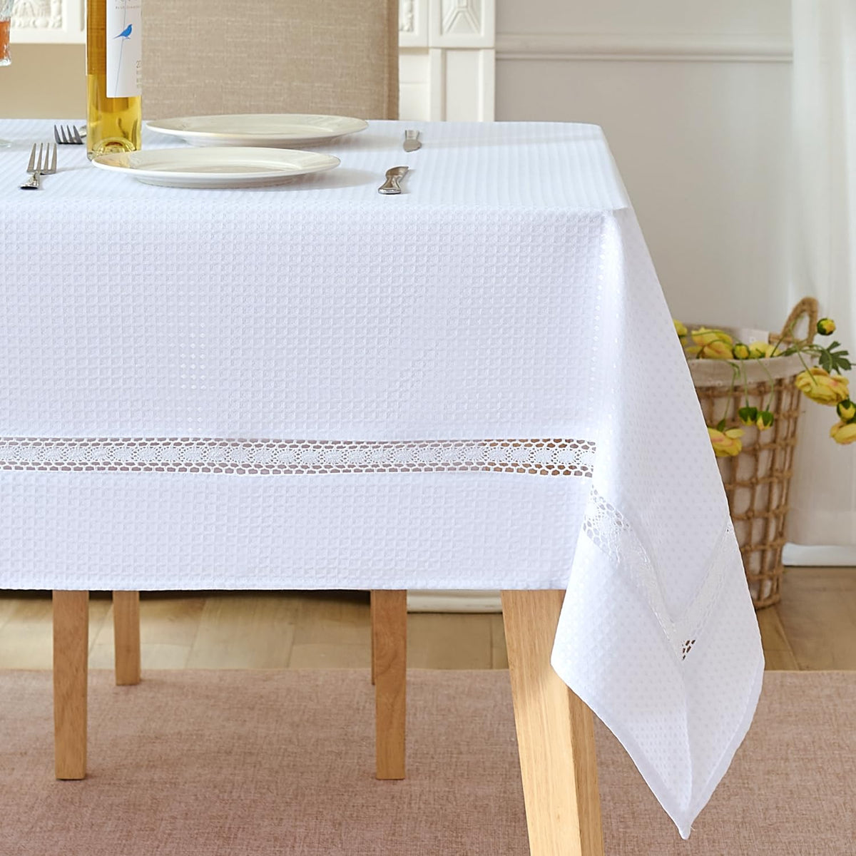 EHouseHome Heavy Duty Fabric Tablecloth with White Lace-Waterproof/Wrinkle Free/Stain Resistant/Oil Proof-for Dining,Indoor&Outdoor,Wedding,Holiday,White,Rectangle 60x120Inch