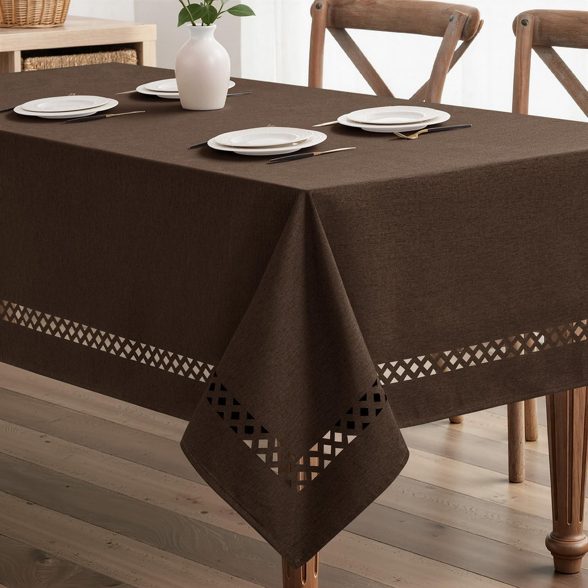 MIULEE Beige Rectangle Tablecloth with Decorative Cutouts 60x84 Inch