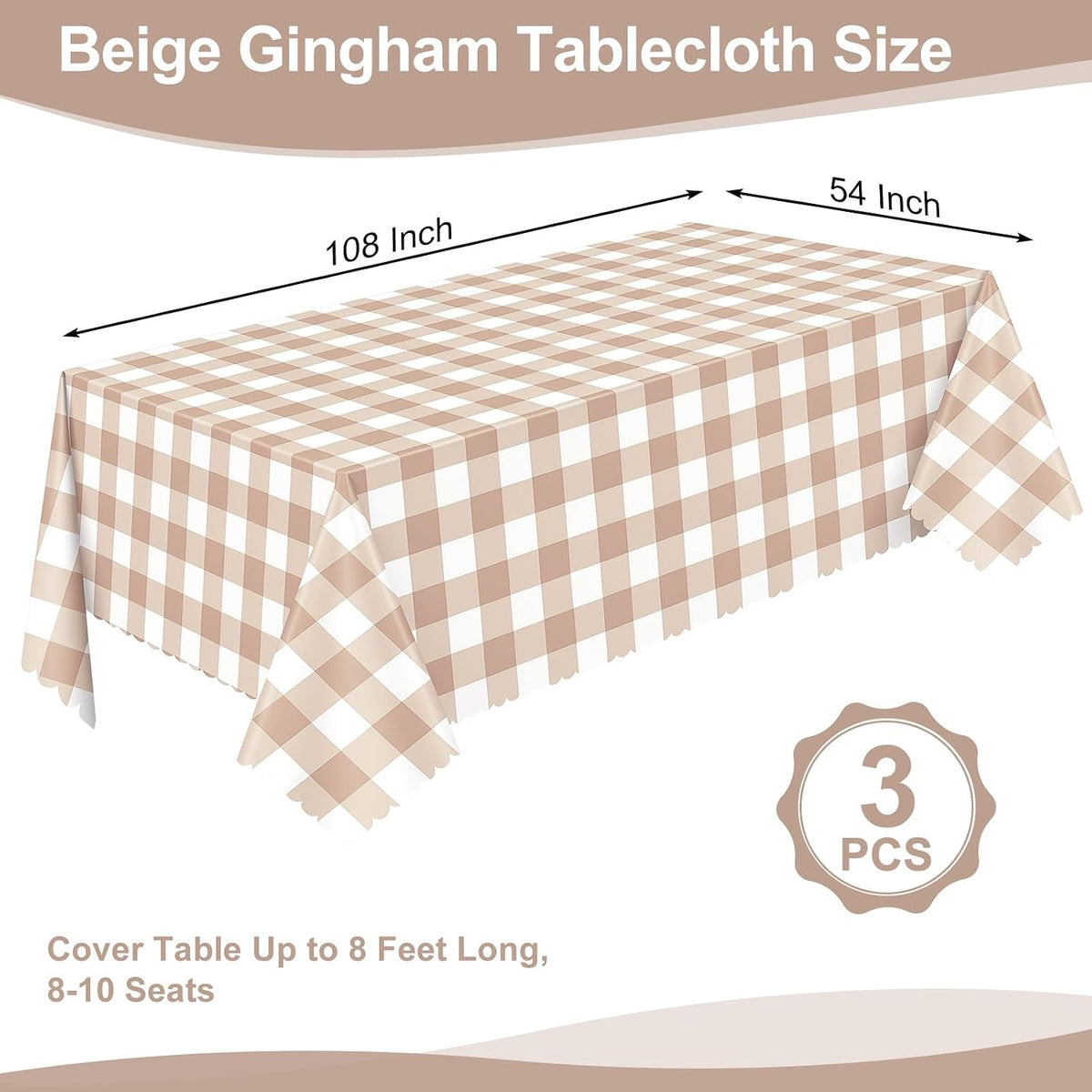 3Pack Light Khaki Gingham Tablecloths, Khaki and White Checkered Tablecloth