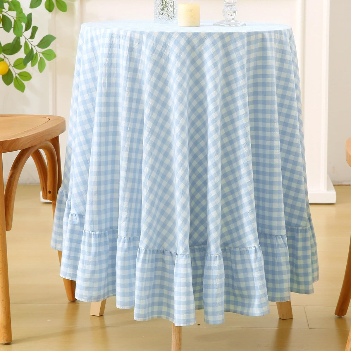 Taupe White Gingham Ruffled Tablecloth 120"x60"