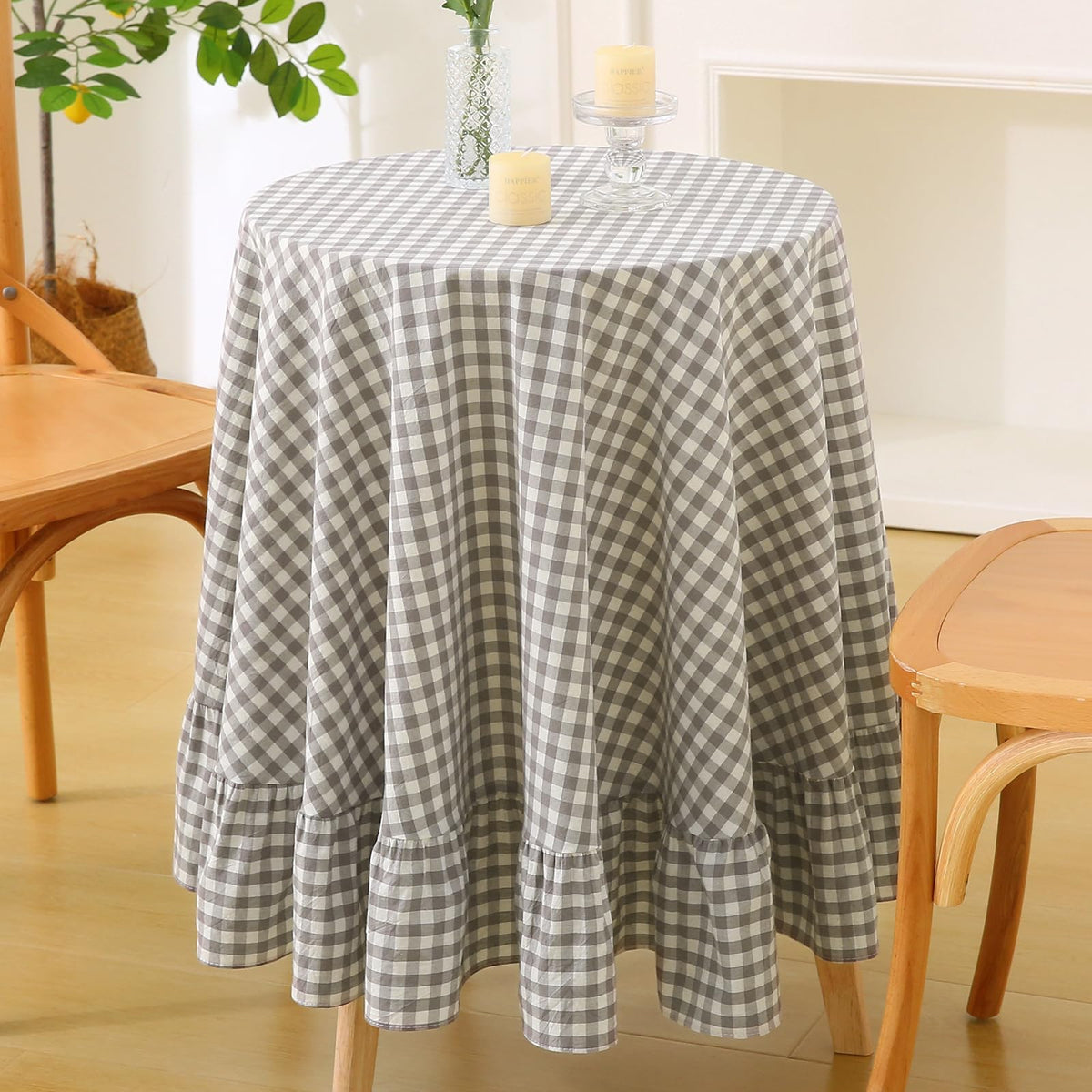 Taupe White Gingham Ruffled Tablecloth 120"x60"