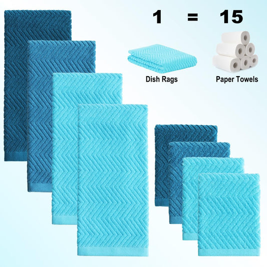 100% Cotton Kitchen Towels and Dishcloths Set, Pack of 8 Super Absorbent 16" x 25" Kitchen Towels and 13" x 13" Dish Cloths (400 GSM)