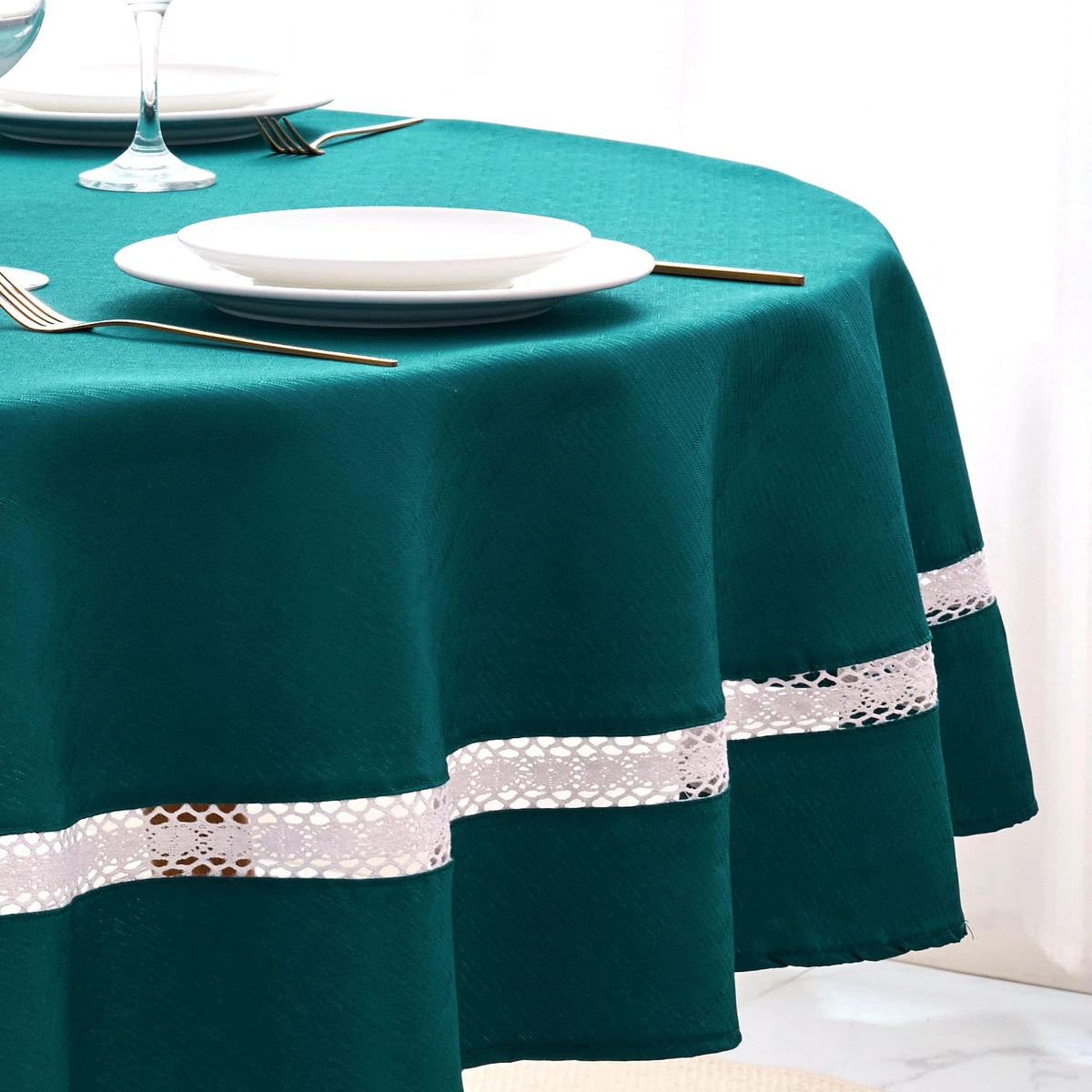 EHouseHome Heavy Duty Fabric Tablecloth with White Lace-Waterproof/Wrinkle Free/Stain Resistant/Oil Proof-for Dining,Indoor&Outdoor,Wedding,Holiday,White,Rectangle 60x120Inch