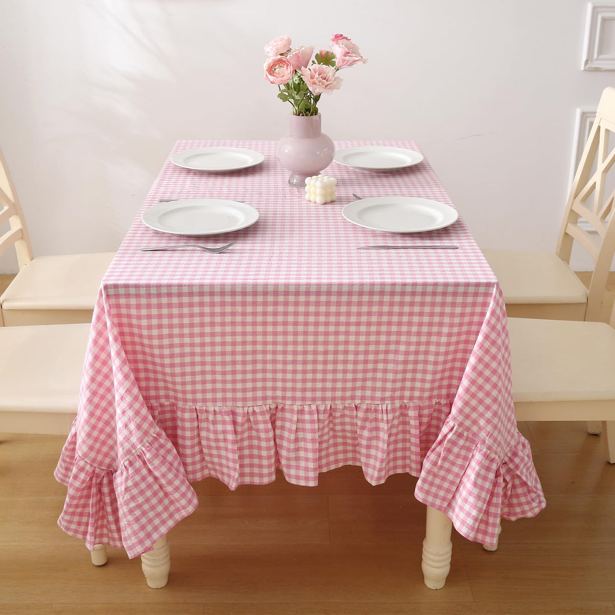 Taupe White Gingham Ruffled Tablecloth 120"x60"
