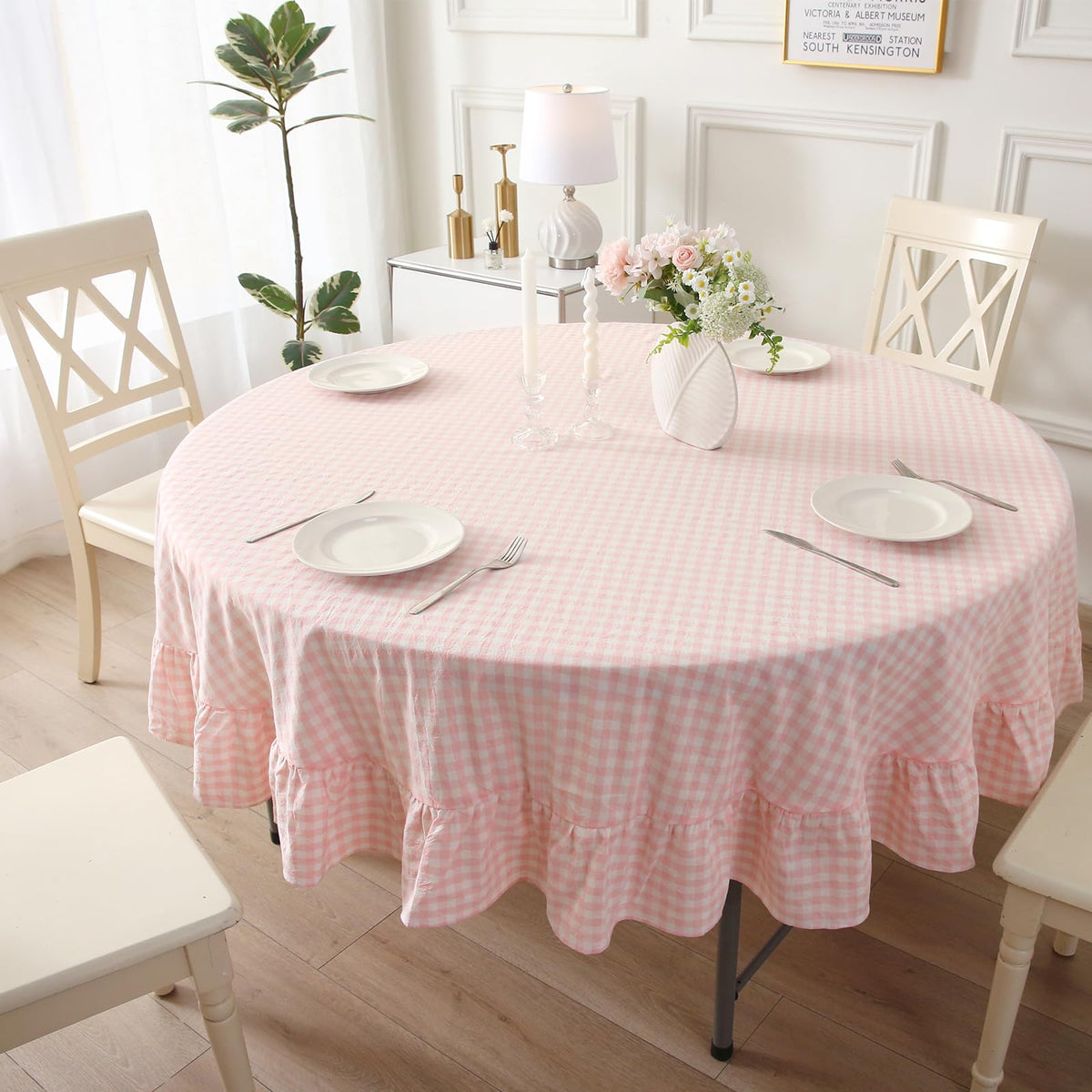 Taupe White Gingham Ruffled Tablecloth 120"x60"